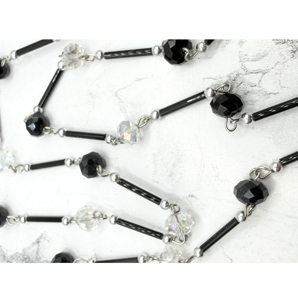 Long Black & Clear Faceted Bead Necklace 59 Inch‎ No Clasp